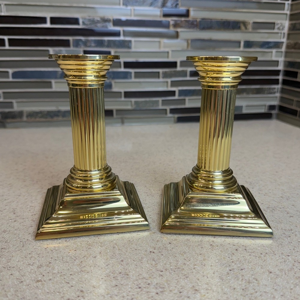 Set of Baldwin Brass Smithsonian Institute Fluted Column Candlestick Holders 5"